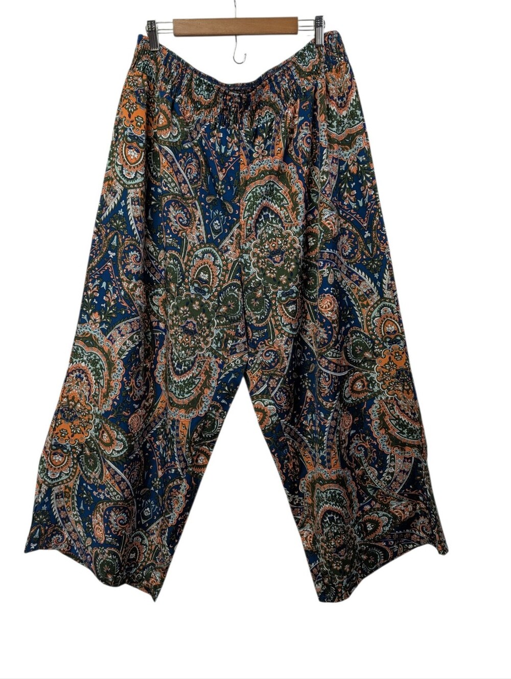 Women's Blue Green Orange Paisley Wide Leg Elastic Waist Woven Pants Size 4XL